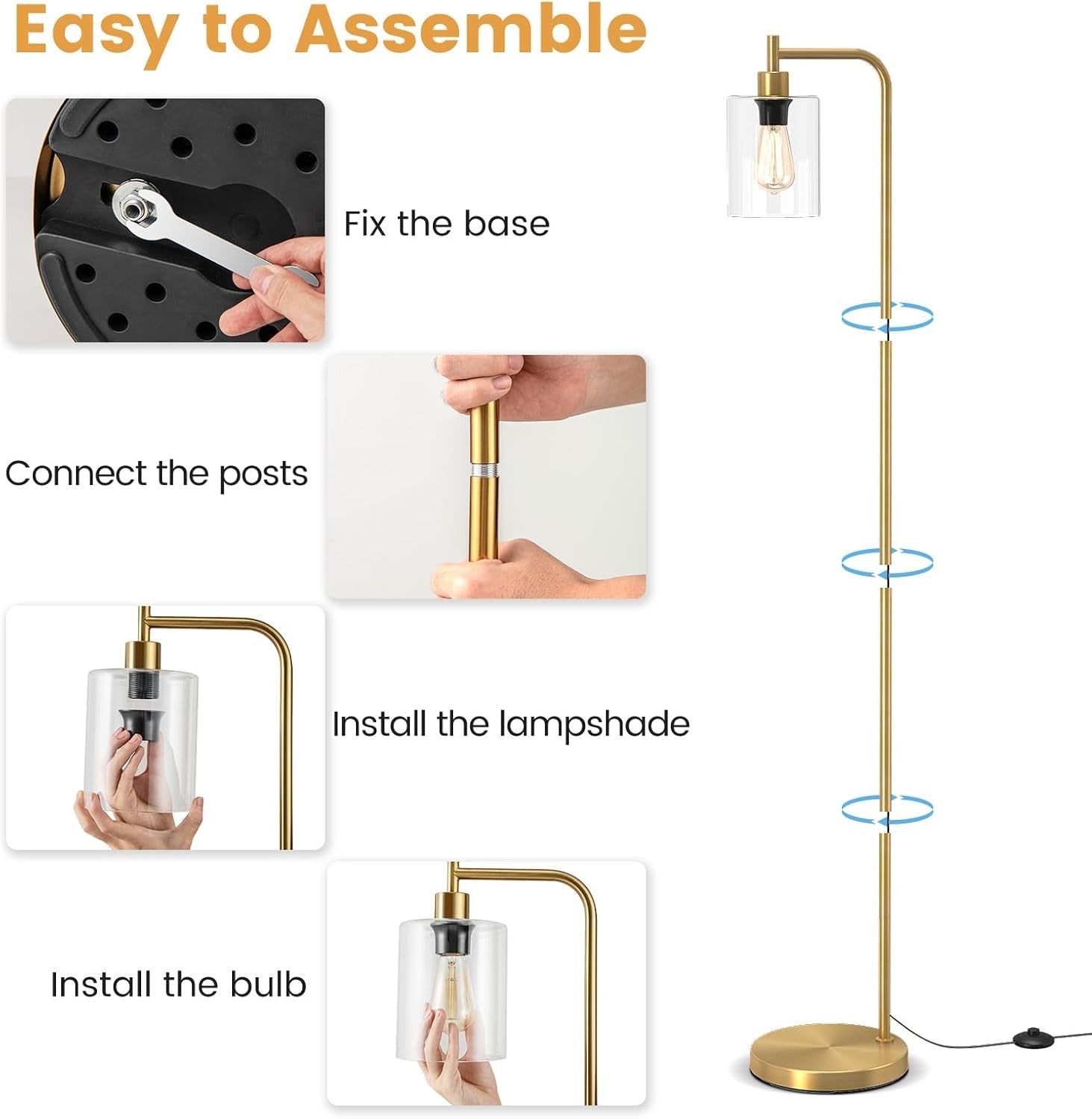 Industrial Floor Lamp Gold Glass Shade Tall Standing Light with Foot Switch