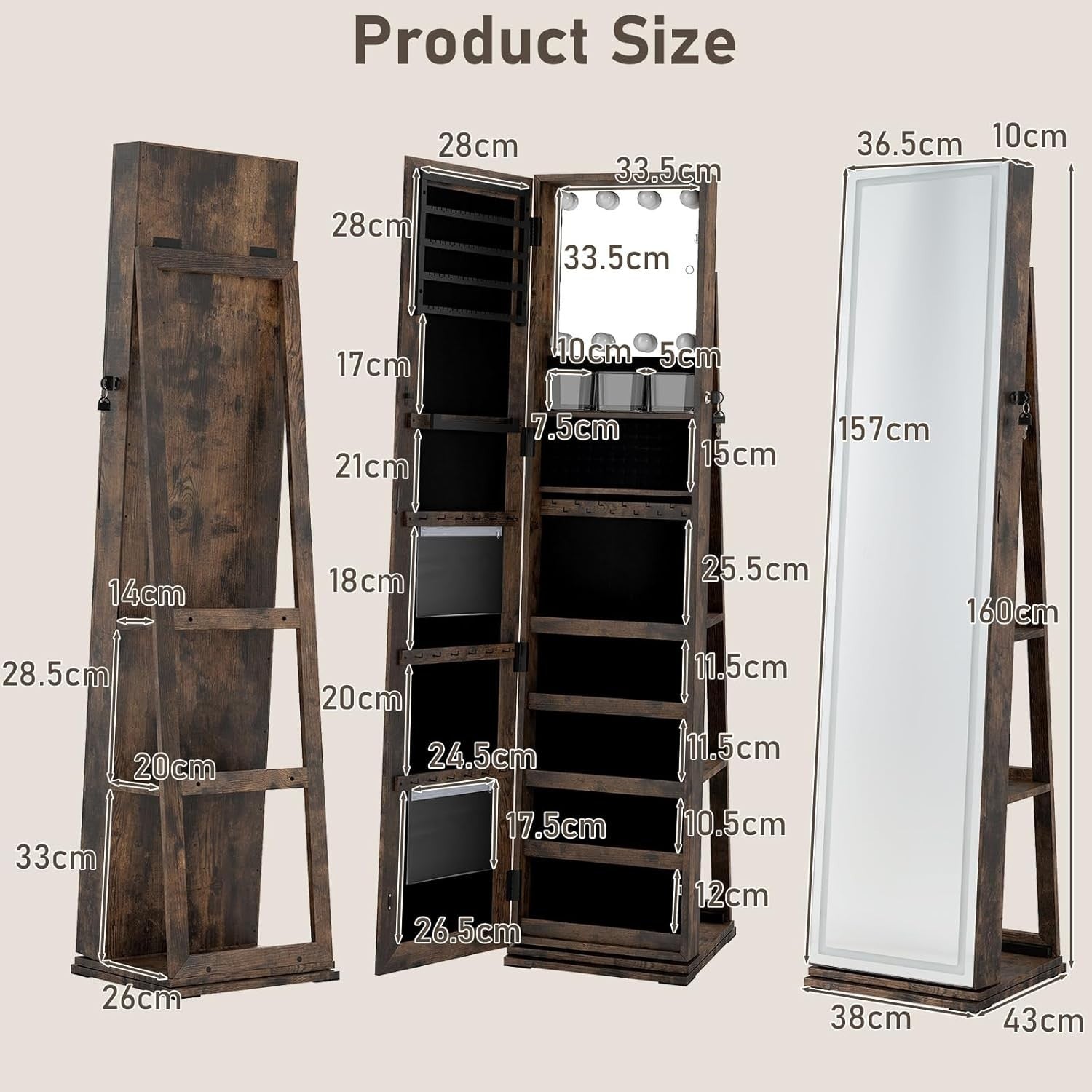 Rustic Brown 360° Swivel LED Jewelry Cabinet Mirror Lockable Storage