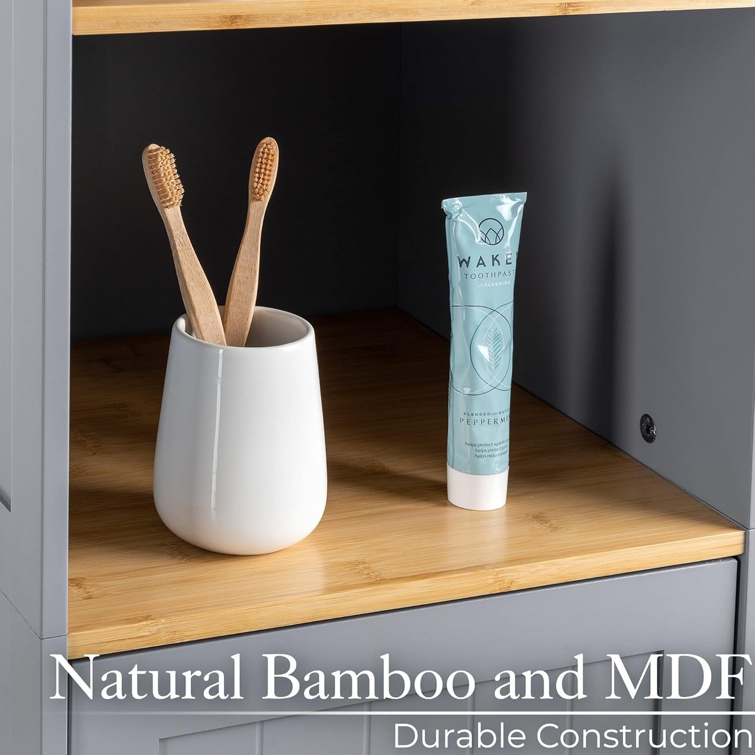 Tall Bathroom Storage Cabinet | Slim Grey Cupboard with Bamboo Shelves
