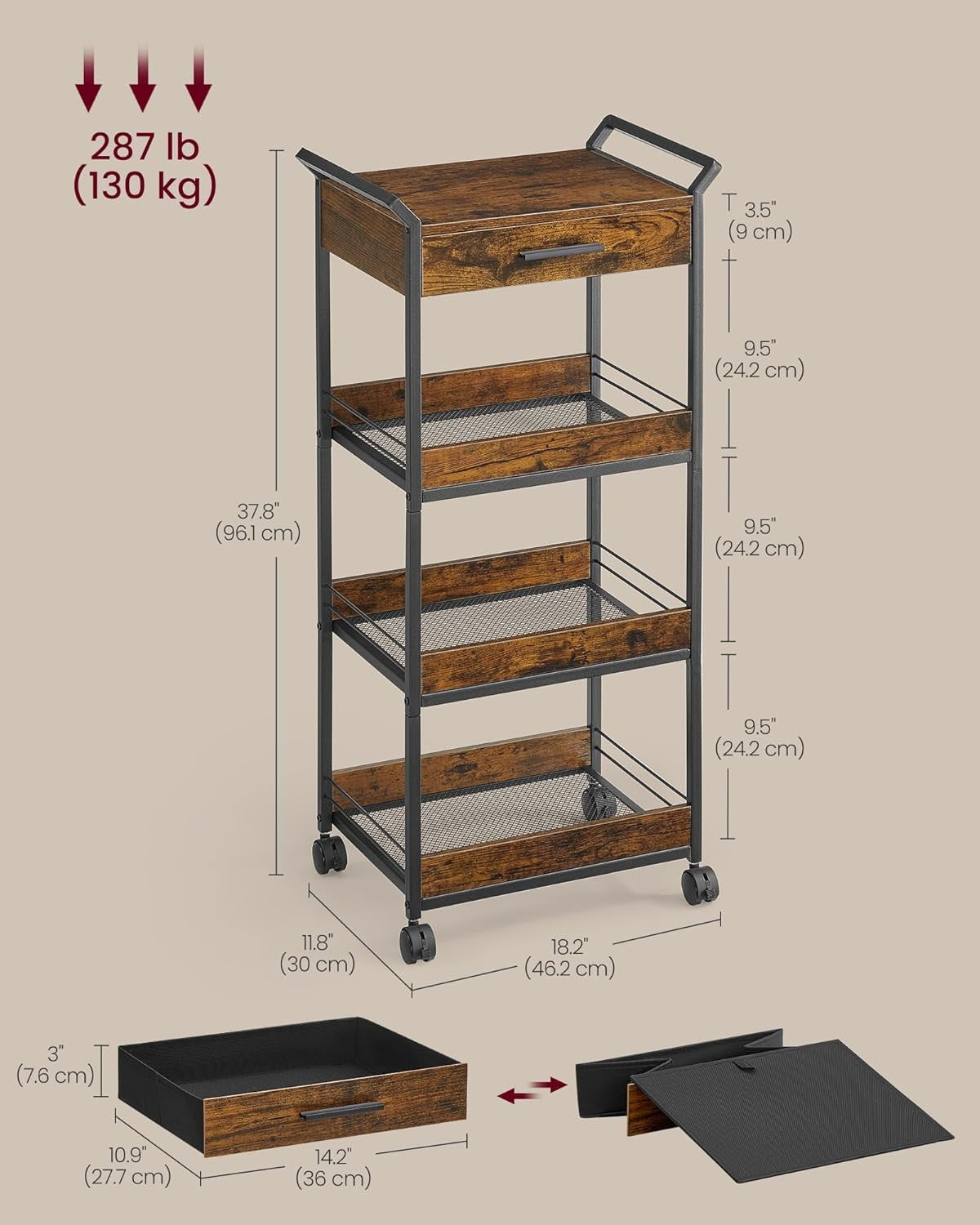 4 Tier Storage Trolley Rolling Cart with Drawer Table Top Mesh Shelves Wheels