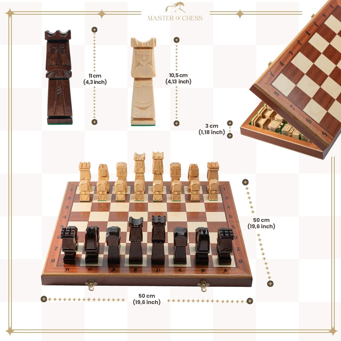50cm Deluxe Hand-Carved Wooden Chess Set | Inlaid Folding Board & Sculpted Piece