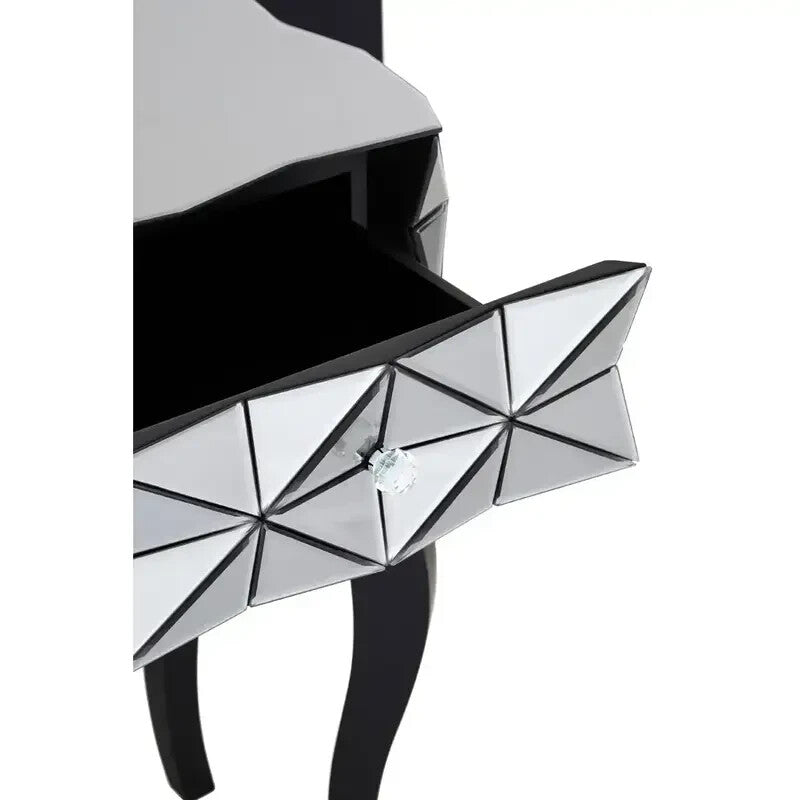 Modern 3D Glass Bedside Table with 2 Drawers – Silver Mirrored Unit