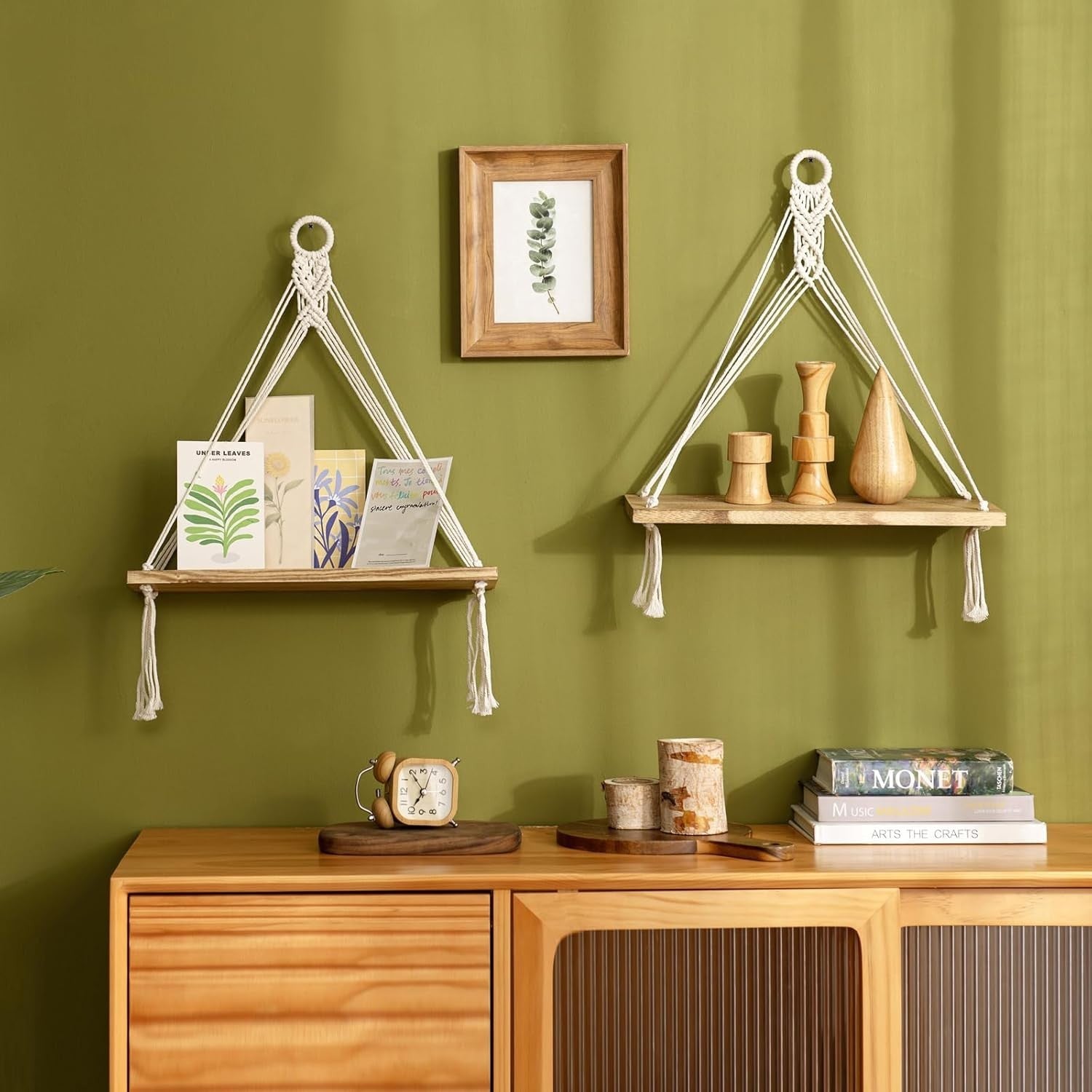 Boho Macrame Hanging Shelves Set of 2 Wood Floating Wall Decor