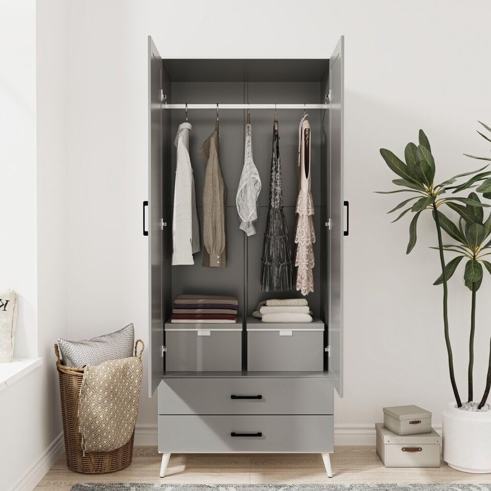 White Grey Modern Wardrobe 2 Doors 2 Drawers Bedroom Clothes Storage Unit