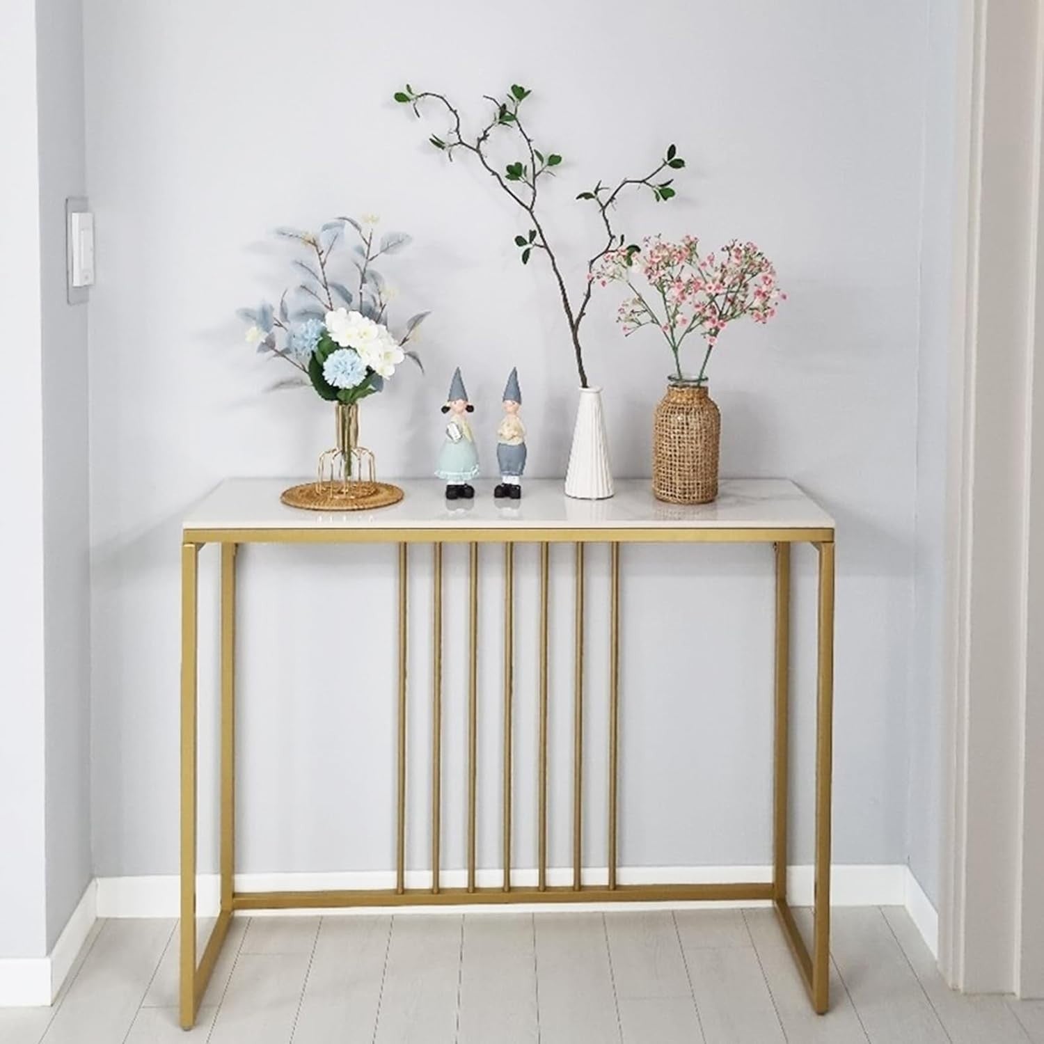 White Marble Console Table Slim 100cm – Gold Frame Entryway Desk Hall