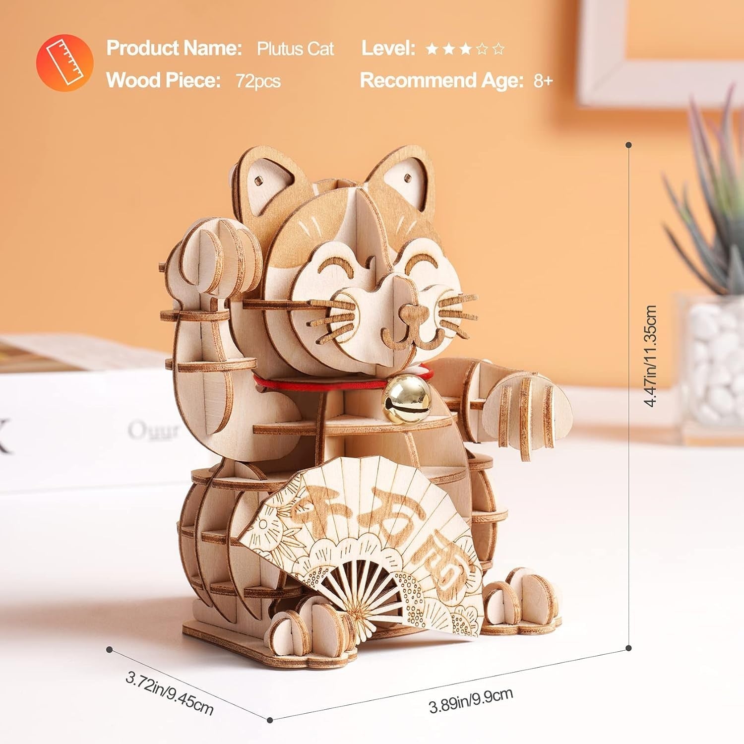 3D Wooden Cat Puzzle DIY Kit, 72 Pieces, Retro Craft Model, Easy Assembly