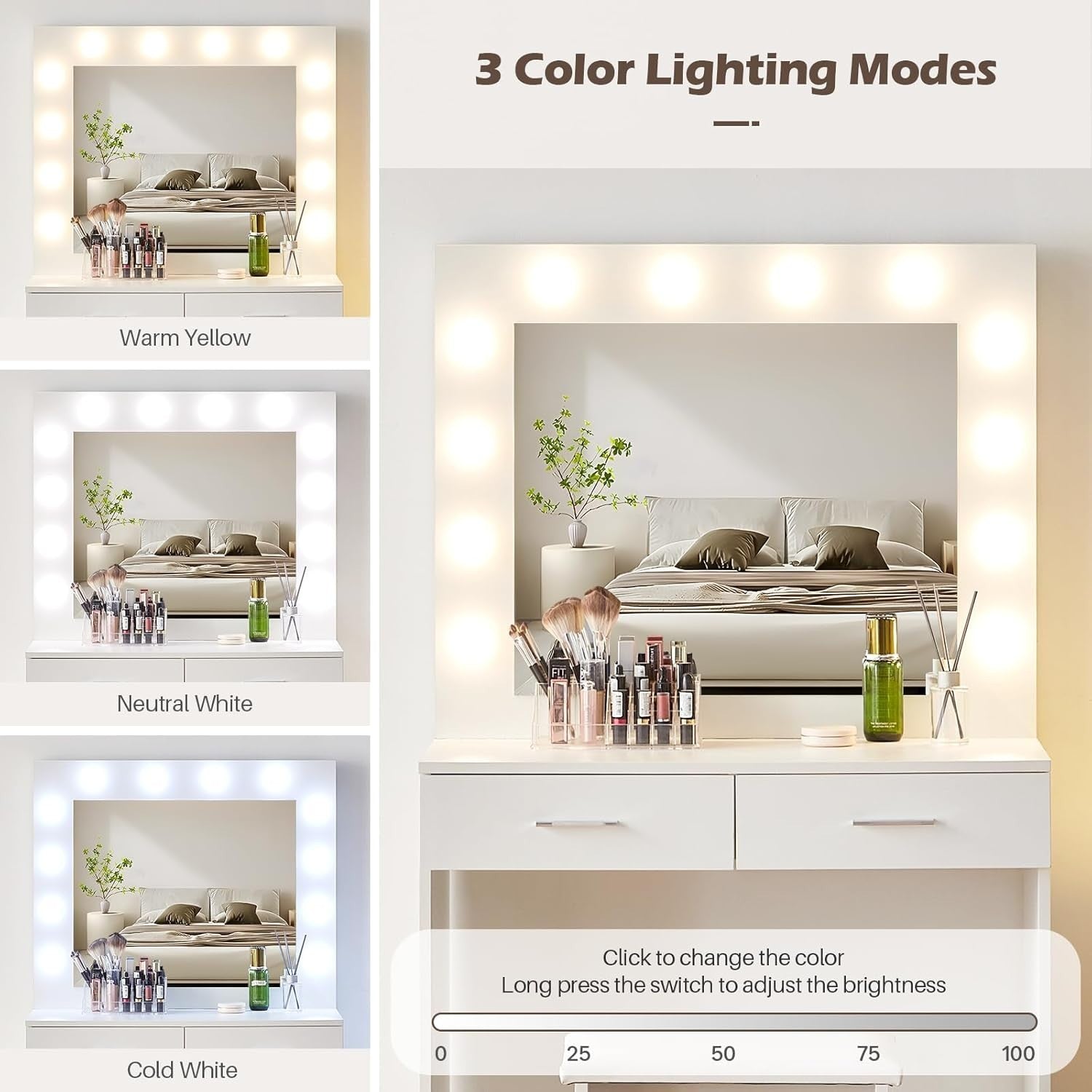 White LED Vanity Dressing Table Makeup Desk Stool Set 2 Drawers Storage Mirror