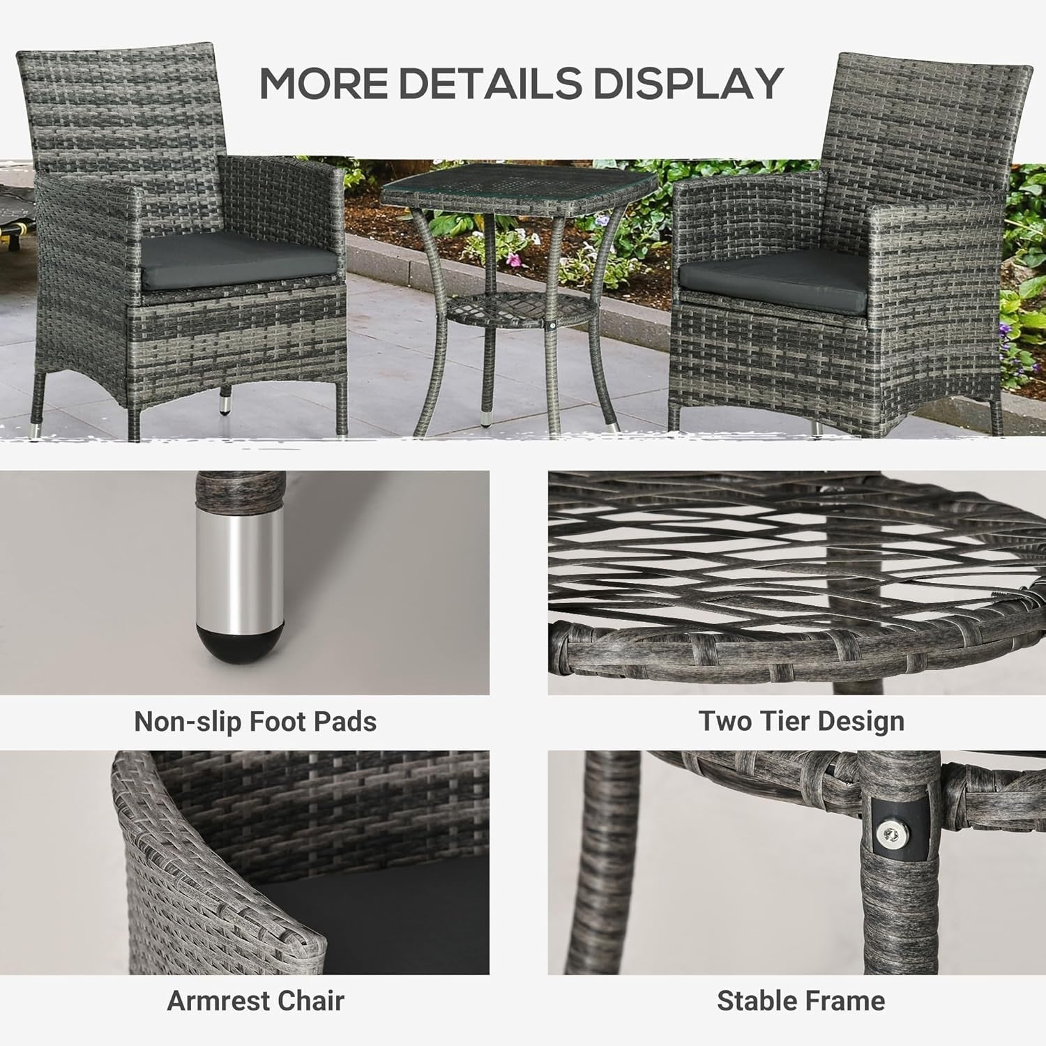 Compact Rattan Bistro Set 2 Chairs Table Cushioned Balcony Patio Seating