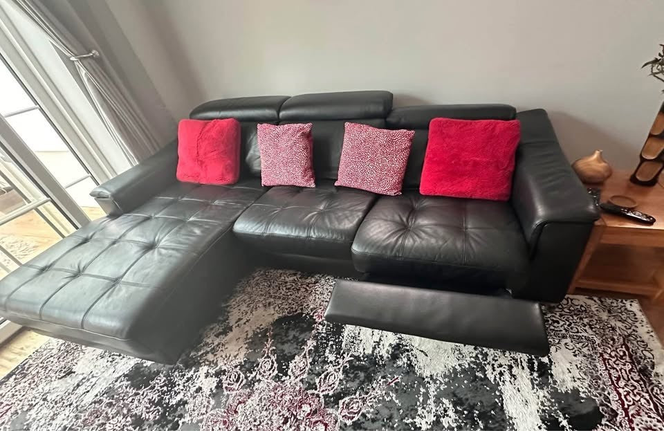 Italian Black Recliner Leather Corner Sofa L-Shape Sofa (PTP)