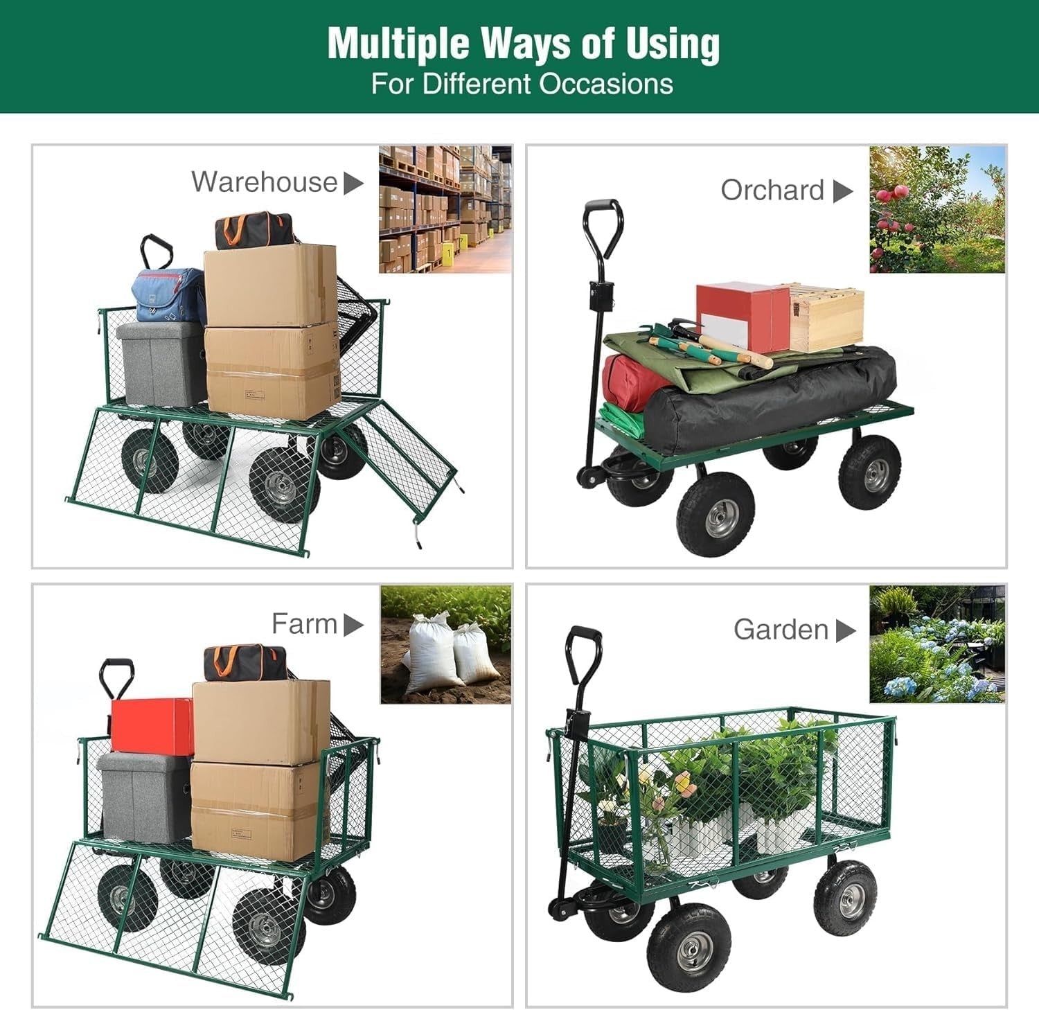 Heavy Duty Garden Cart Wagon 650lb Capacity Flatbed w/ Removable Sides & Liner
