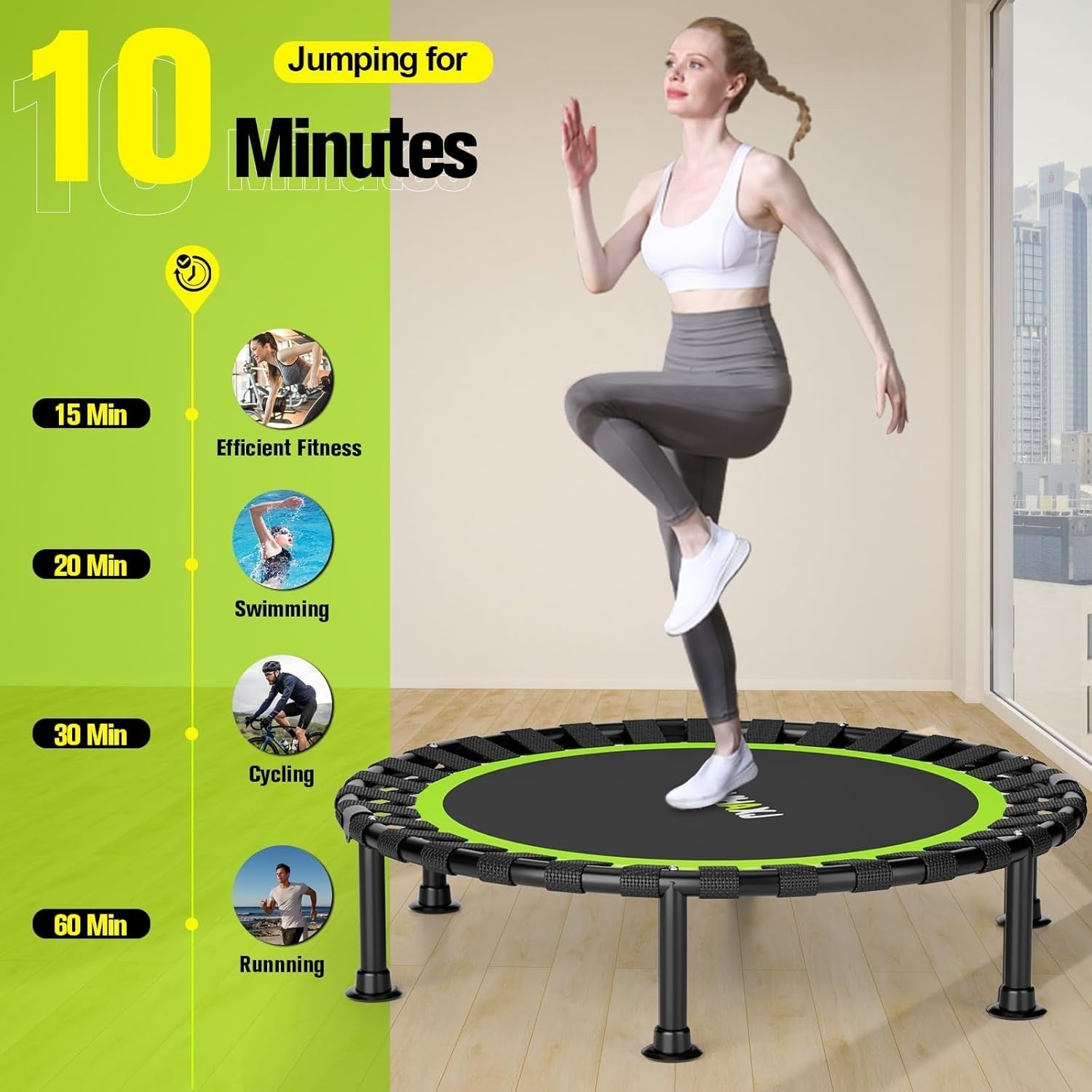 40in Foldable Rebounder Trampoline Indoor Fitness Adjustable Bar 440LBS