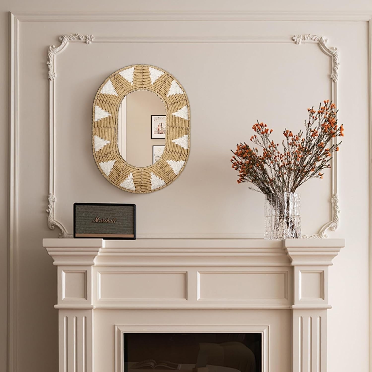 Oval Rattan Wall Mirror Boho Rustic Handwoven Home Decor 42x32cm