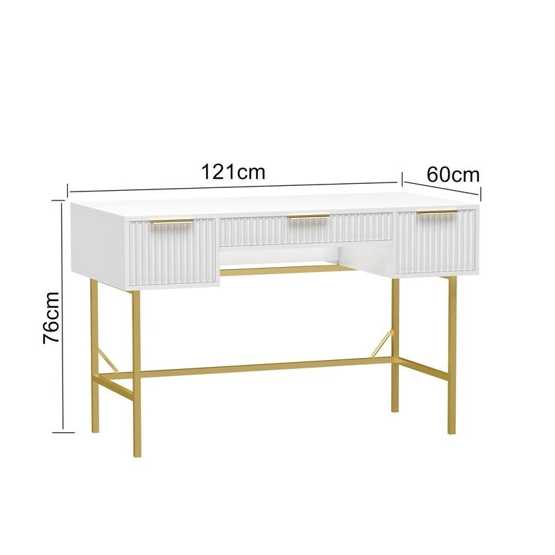 Modern White Console Table Desk with 3 Drawers & Gold Legs