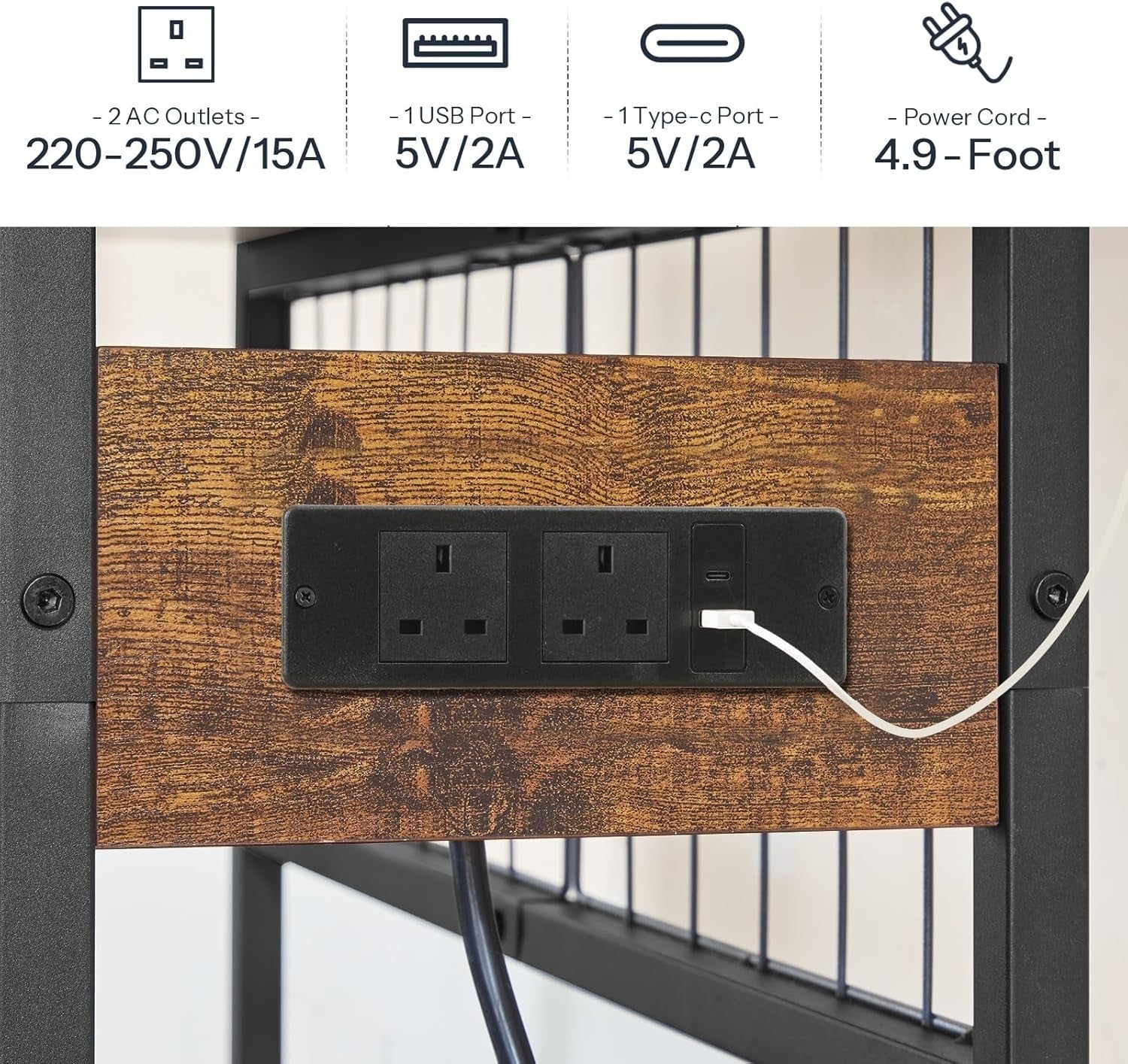 2-Tier Rustic Brown Desk Organizer with LED Lights & Charging Station