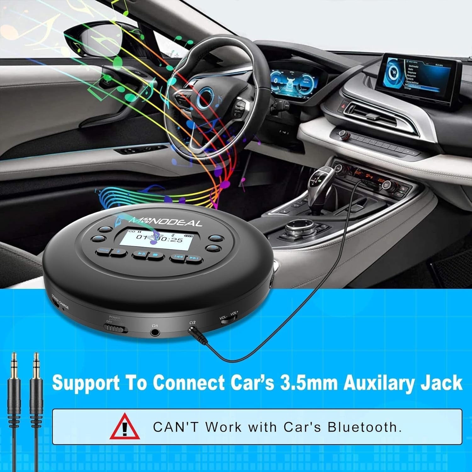 Portable Bluetooth CD Player Rechargeable Anti-Skip Dual Headphone SD