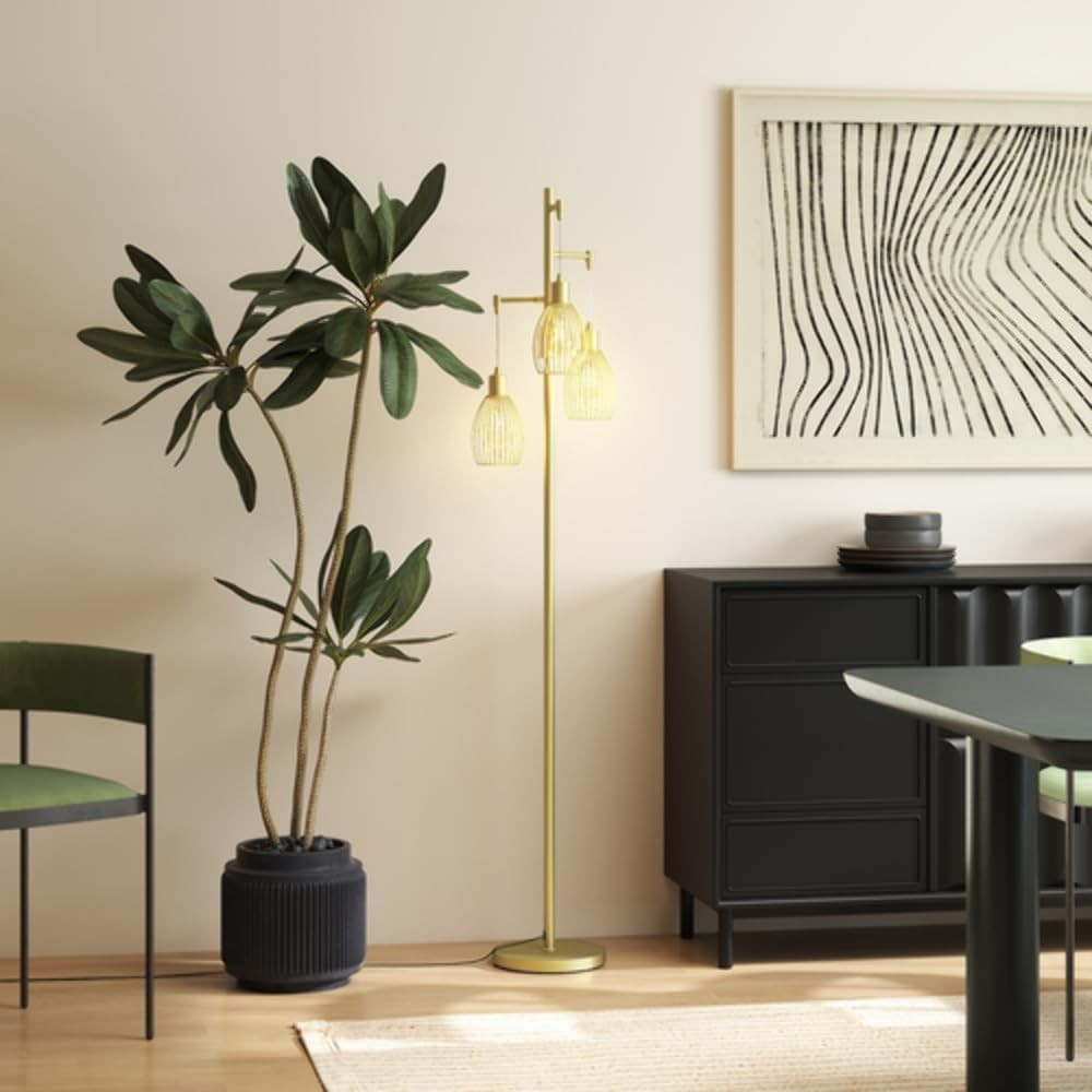 Gold Industrial 3 Light Floor Lamp Dimmable Steel Cage Standing Lamp