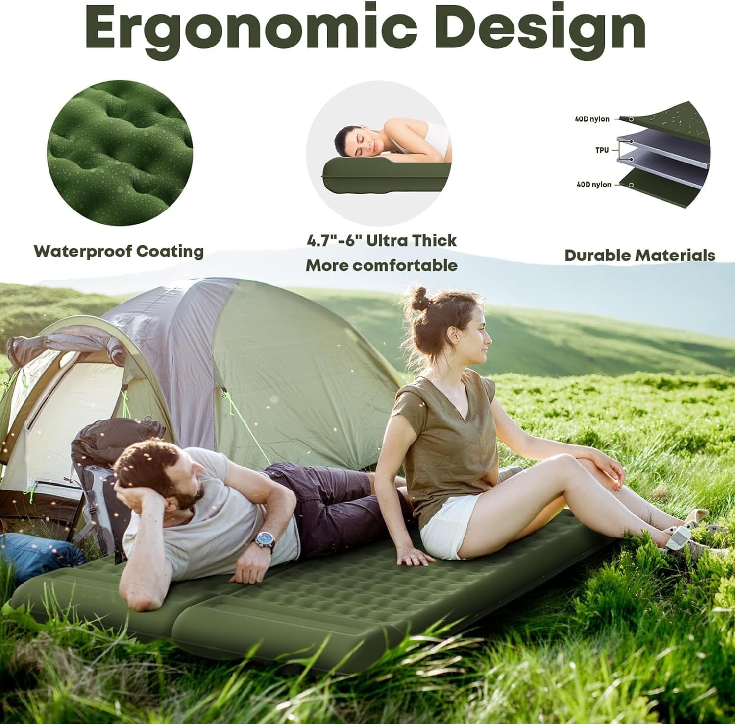 Extra Thick Camping Air Mattress 12–15cm Built-In Foot Pump Pillow Pad Green