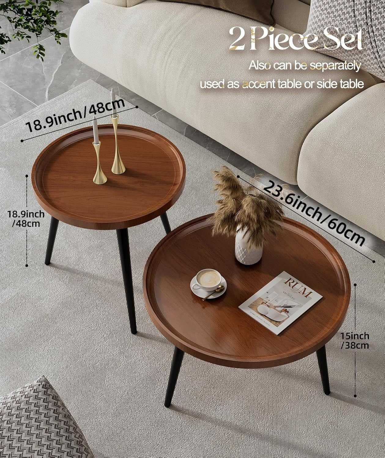 Walnut Nesting Coffee Table Set of 2 Modern Round Side End Tables 178lbs Load