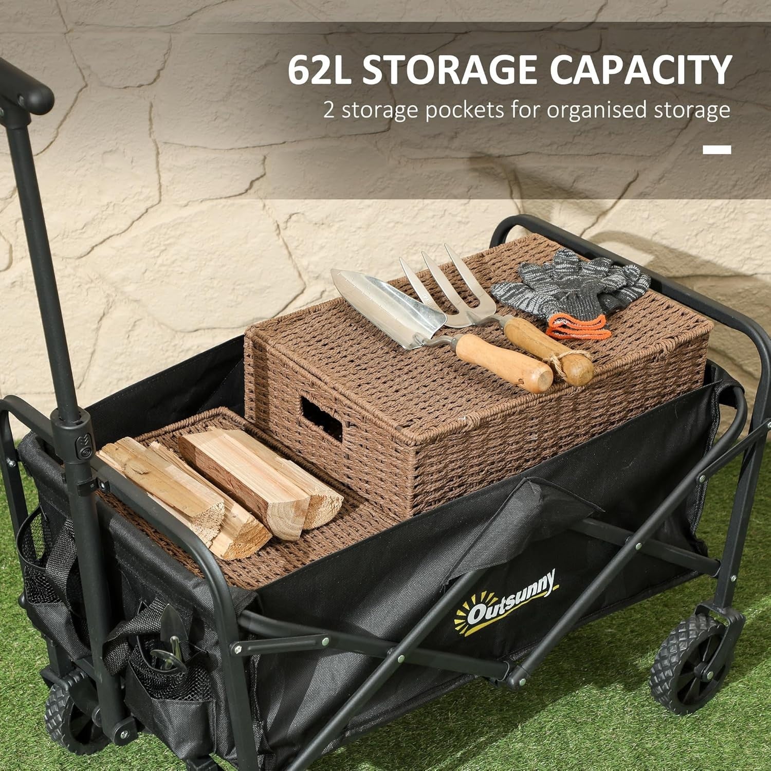 Black Folding Festival Trolley 62L Heavy Duty Garden Camping Beach Wagon 120kg
