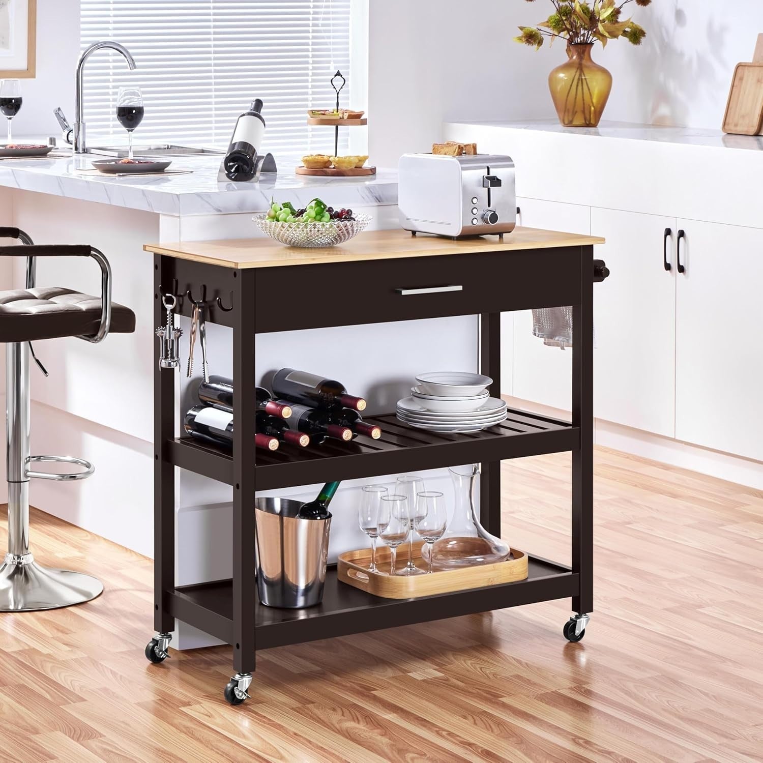 Rolling Kitchen Island Trolley Cart with Bamboo Top, Drawer & Shelves