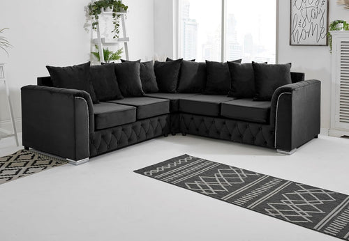 Black Plush Velvet 5-Seater Corner Sofa – Scatterback Cushions & Button Detail