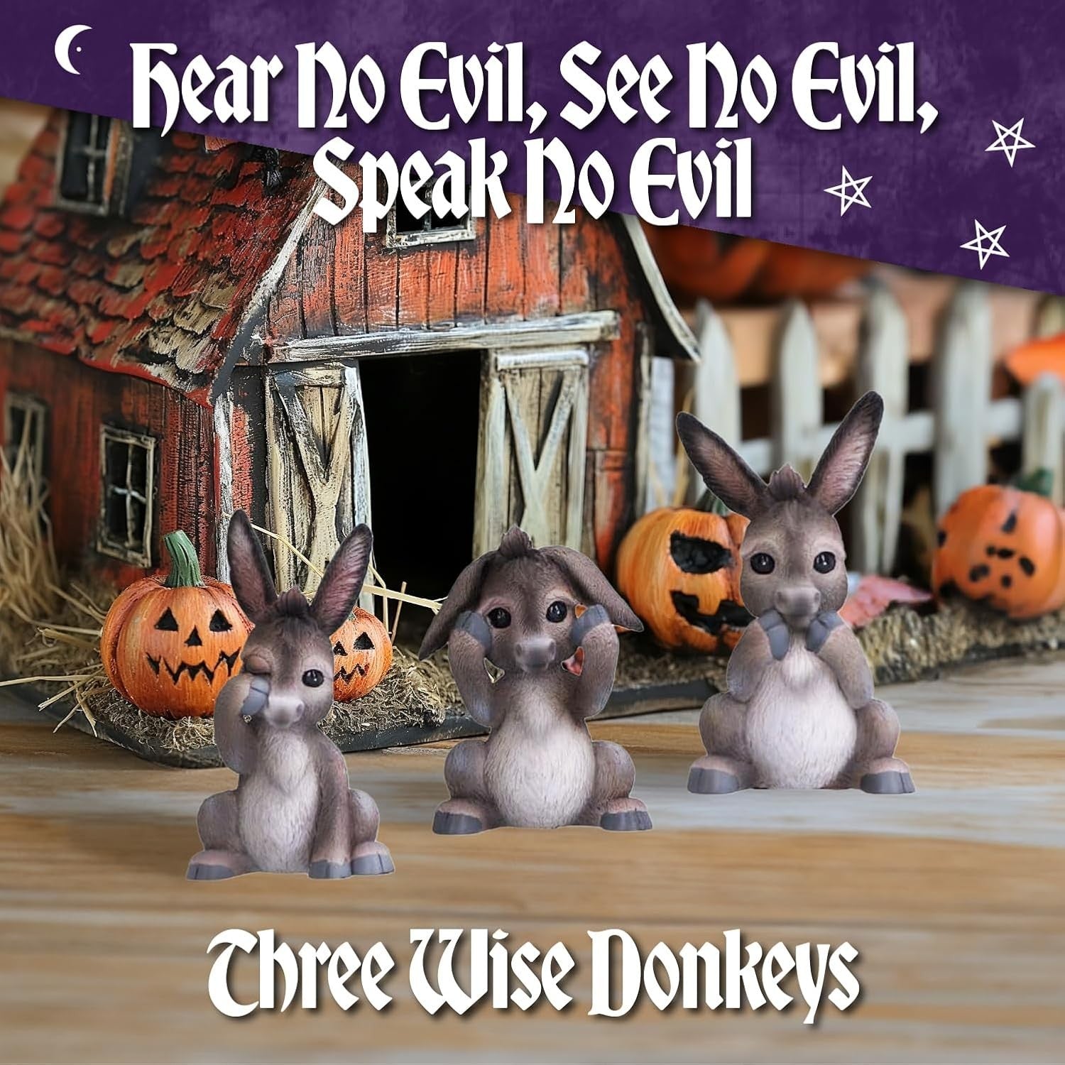 Three Wise Donkeys Ornament Set 11cm Resin Figurines Home Decor Gift Cute Trio