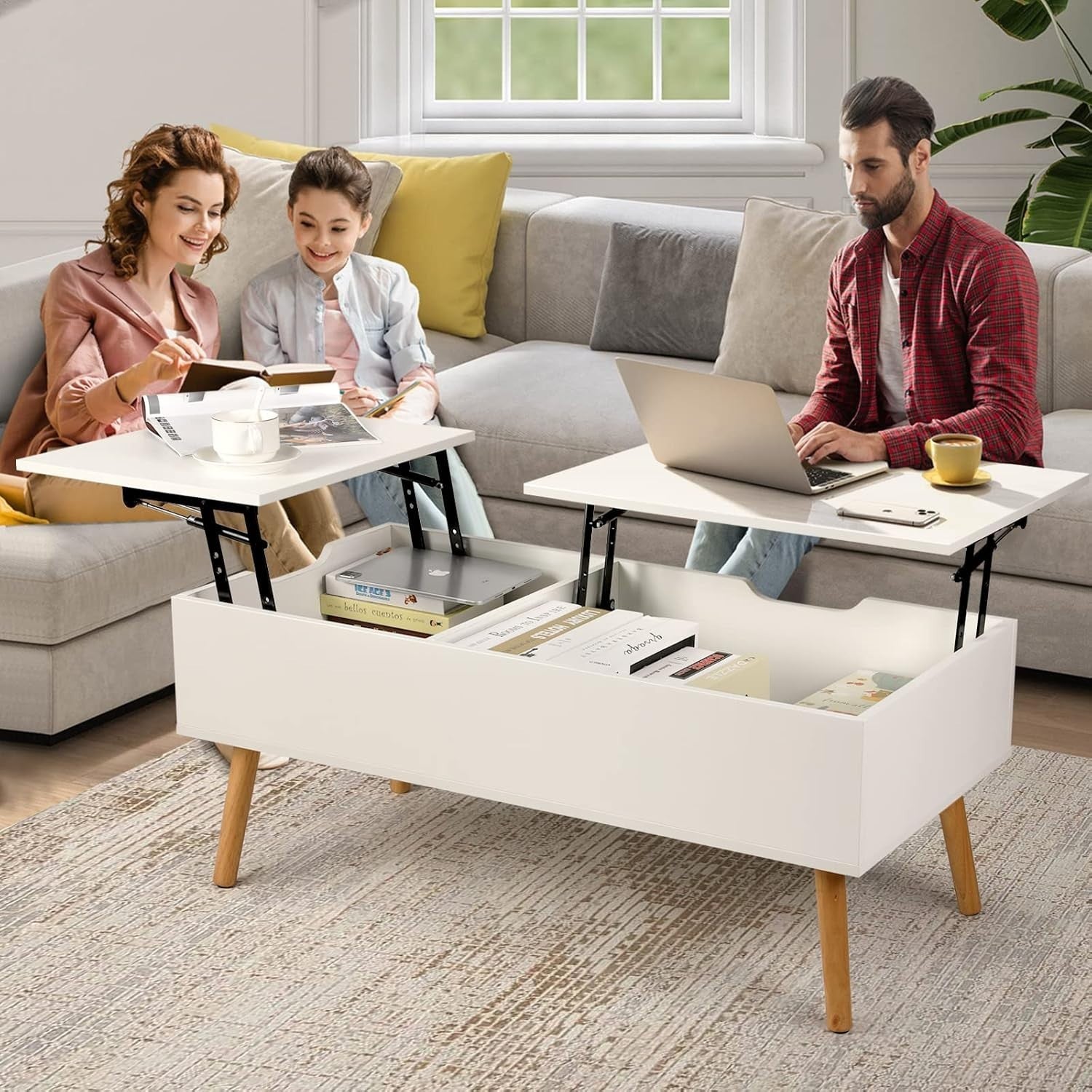 White Lift Top Coffee Table with Hidden Storage & Dual Work Surfaces
