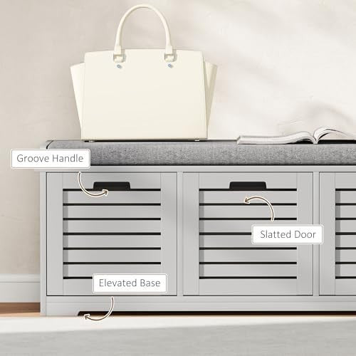 Grey Shoe Storage Bench with Cushion & 3 Drawers – Modern Hallway Seat
