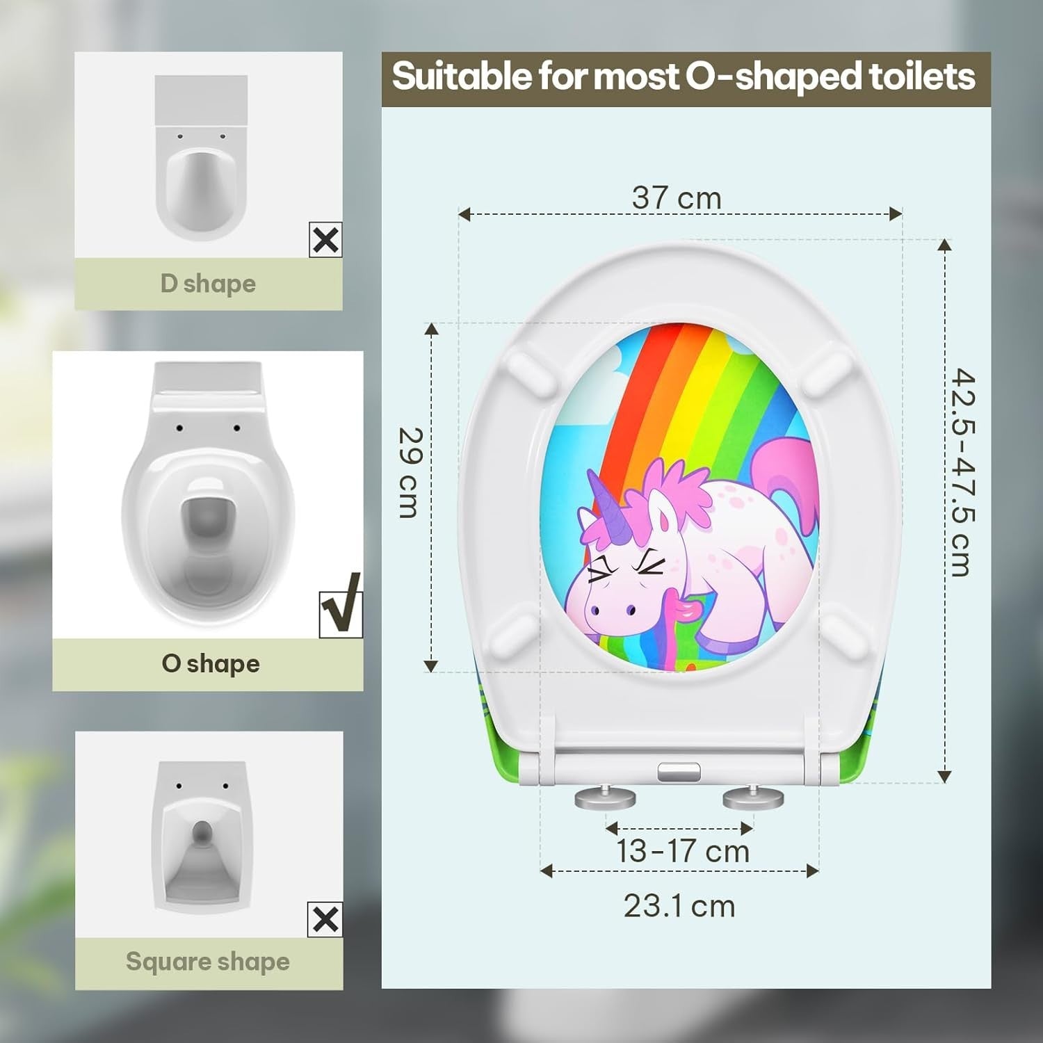 Soft Close O-Shaped Toilet Seat Quick Release Duroplast Rainbow Unicorn Print