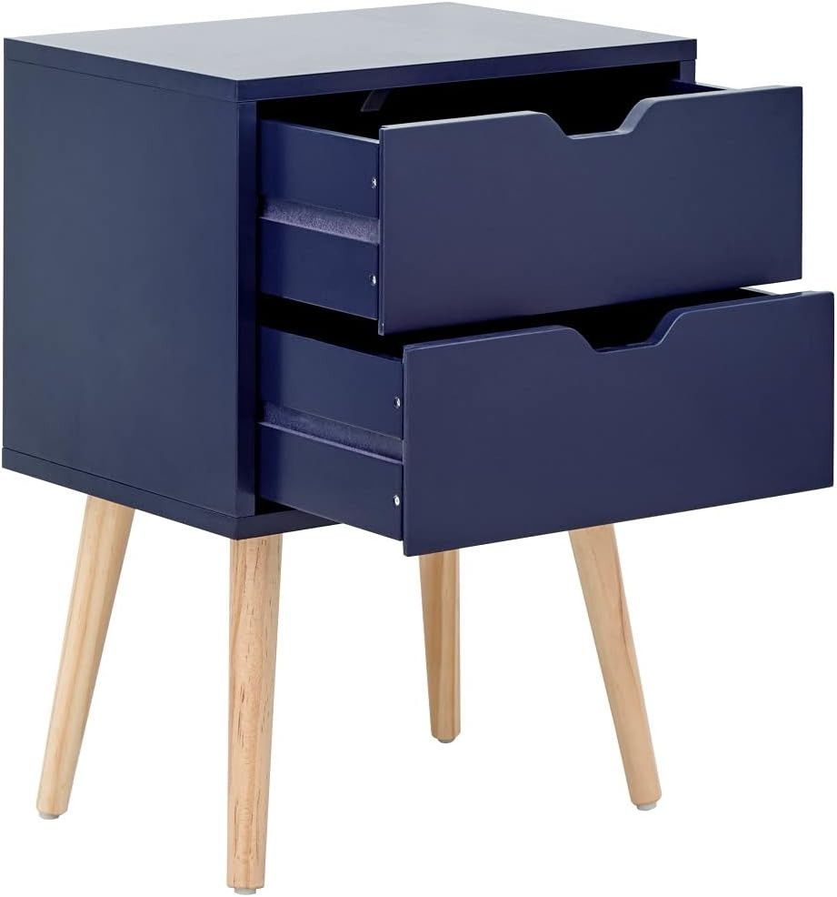 Set of 2 Blue Bedside Tables with 2 Drawers & Pine Legs | Scandinavian