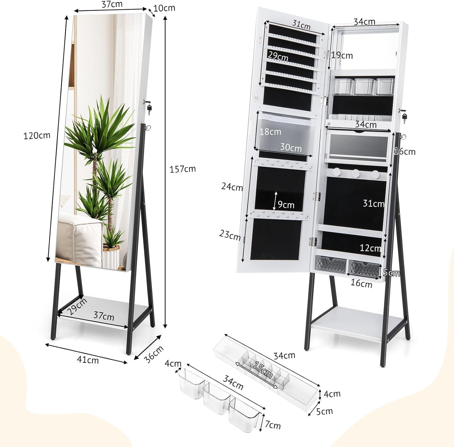 White LED Jewelry Cabinet Mirror Lockable Full Length Storage Stand
