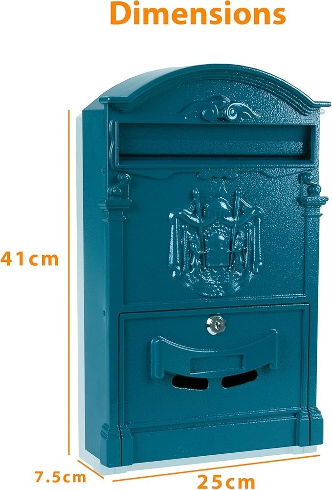 Wall Mounted Lockable Mailbox Blue | Large Vintage Post Box | Rustproof Steel