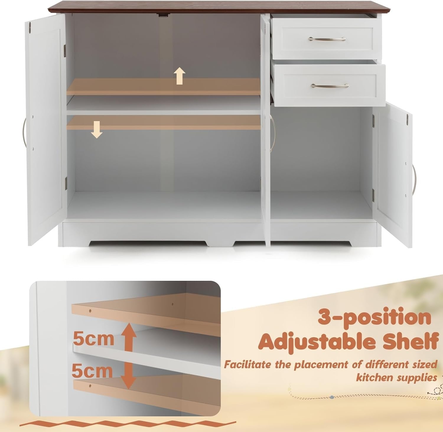 Modern White Red Sideboard Storage Cabinet with Drawers & Shelves
