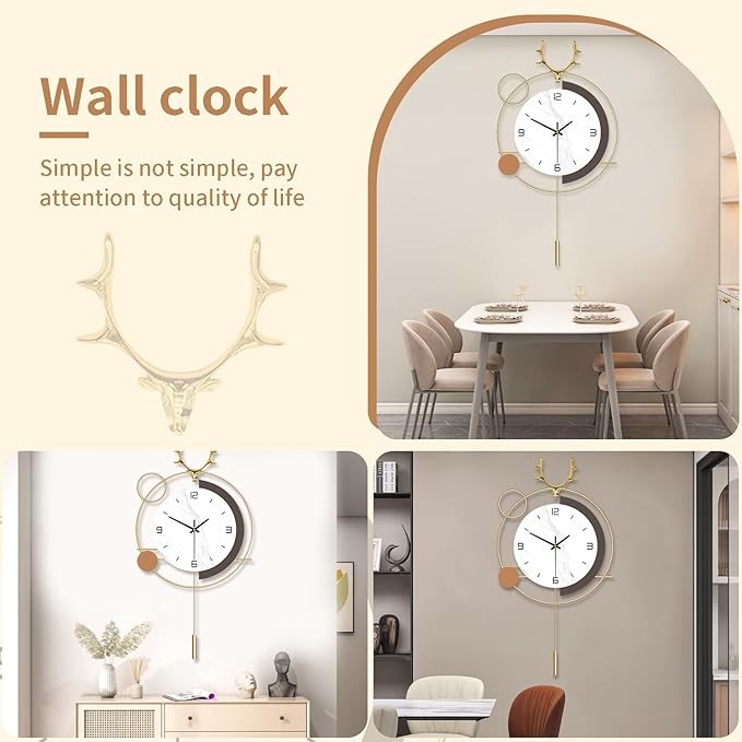 Modern Deer Pendulum Wall Clock 25in Large Silent Quartz Metal Home Decor