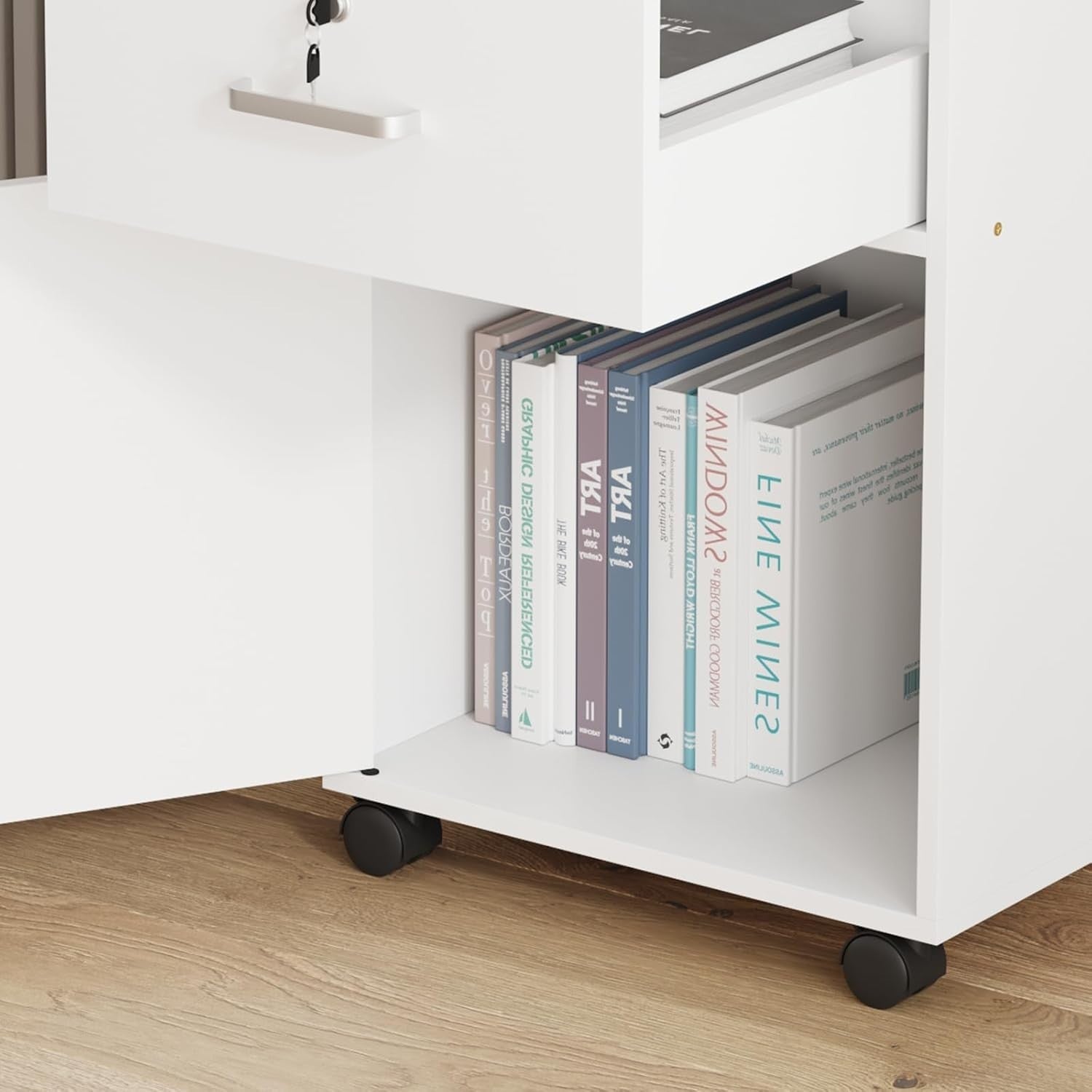 White Lockable Mobile File Cabinet with Door & Drawers Under Desk
