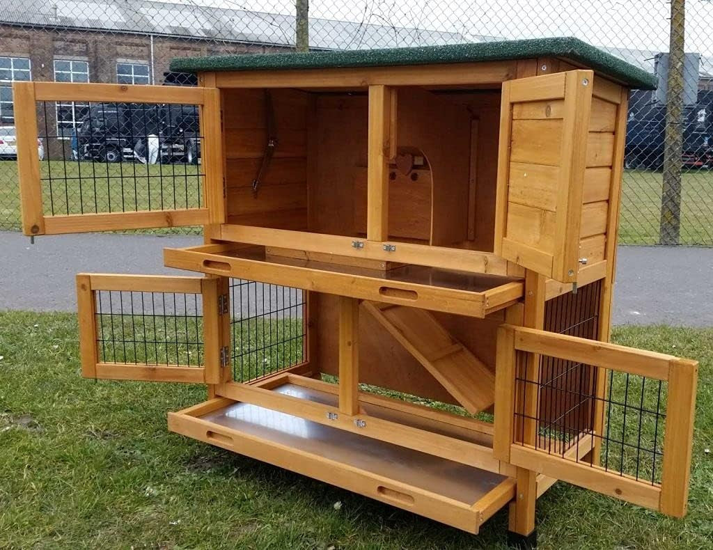 2 Tier Rabbit Hutch Outdoor With Cover Wooden Cage Trays Guinea Pig Run