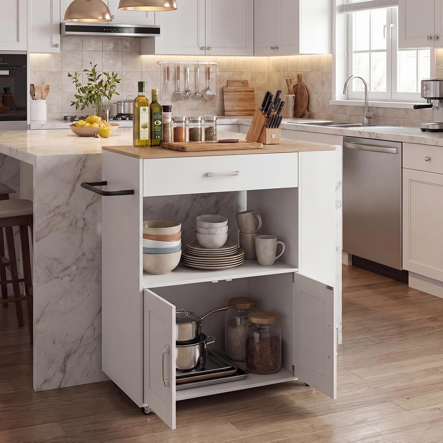 Kitchen Island Trolley White Natural with Spice Rack
