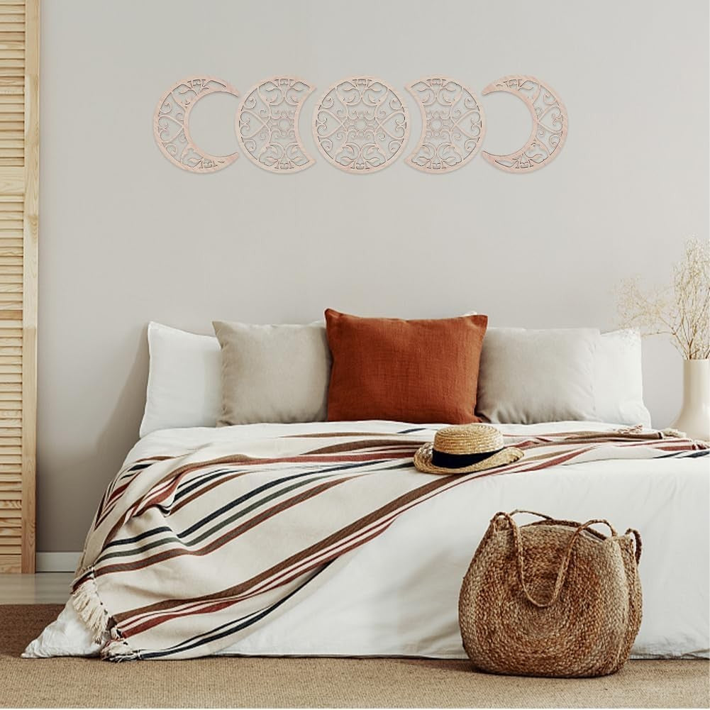 Moon Phase Wall Decor Wooden Boho Witchy 5-Piece Art