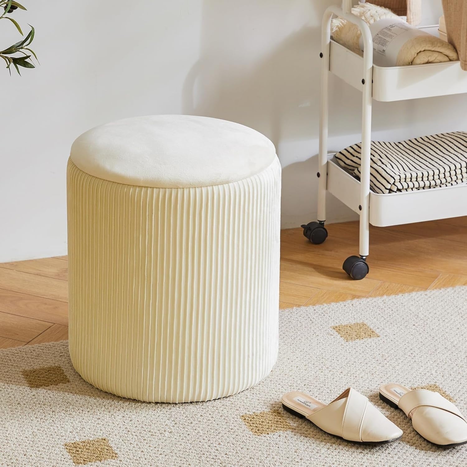 White Velvet Storage Ottoman Set of 2 – Round Vanity Stools & Side Tables