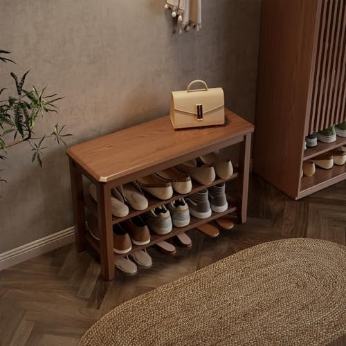 2-Tier Wooden Shoe Bench with Adjustable Shelves & Seat for Entryway