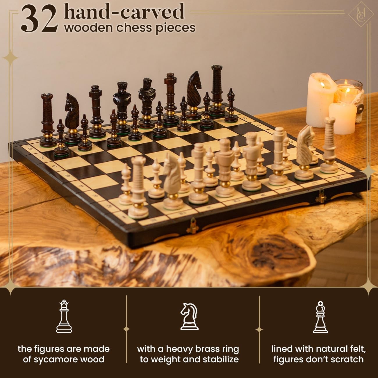 Luxury 65cm Wooden Chess Set • Hand-Carved Pieces • Foldable Board • Deluxe Gift