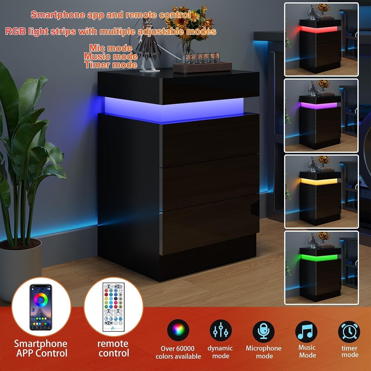 Modern LED Bedside Table with USB Charging, 3 Drawers, Hidden Storage