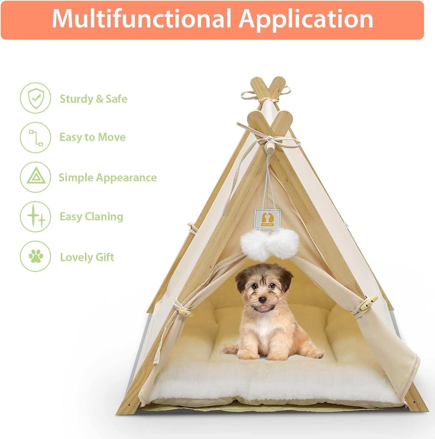 Wooden Pet Teepee Tent Cat Dog House w Cushion Indoor Shelter Beige