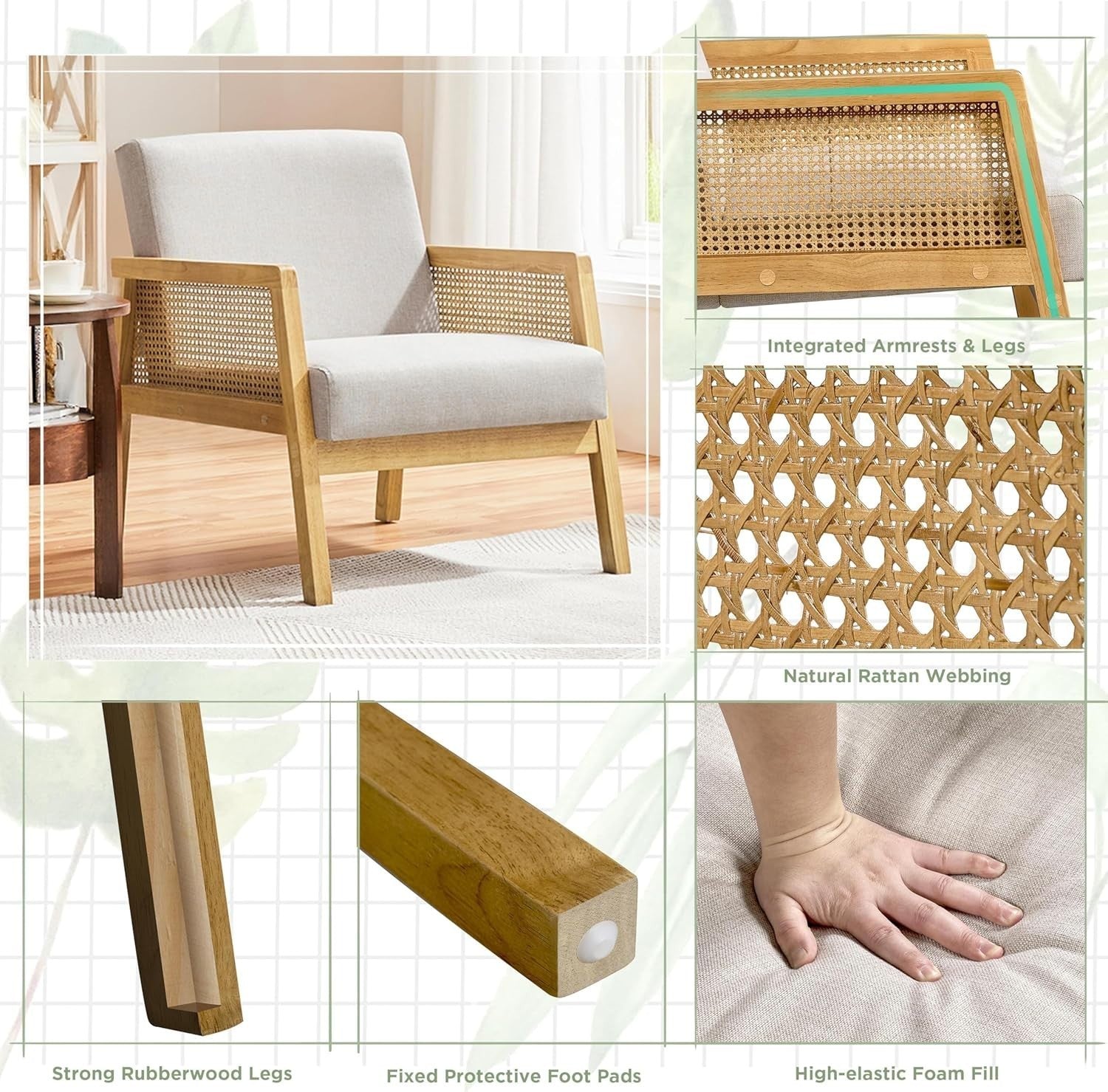 Modern Linen Accent Chair with Rattan Sides, Comfortable Armchair for Living