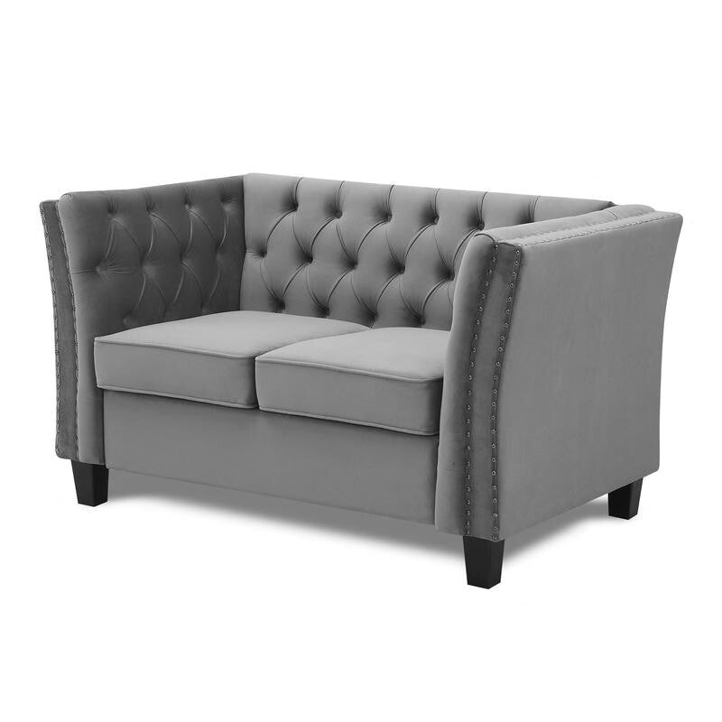 2 Seater Light Grey Velvet Sofa Chesterfield Tufted Arms Couch UKFR