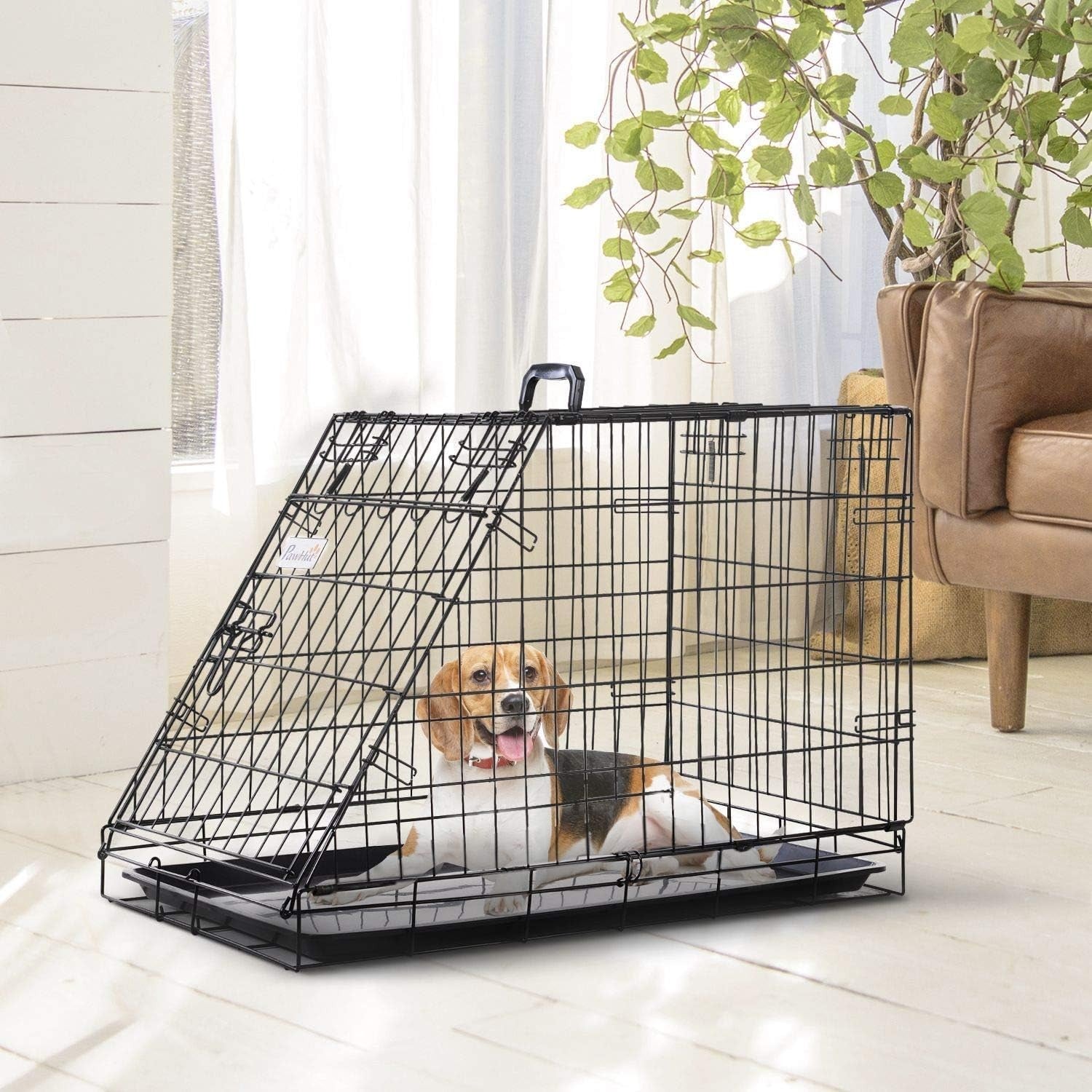 Folding Metal Dog Crate with Tray & Handle – Portable Car Travel Cage