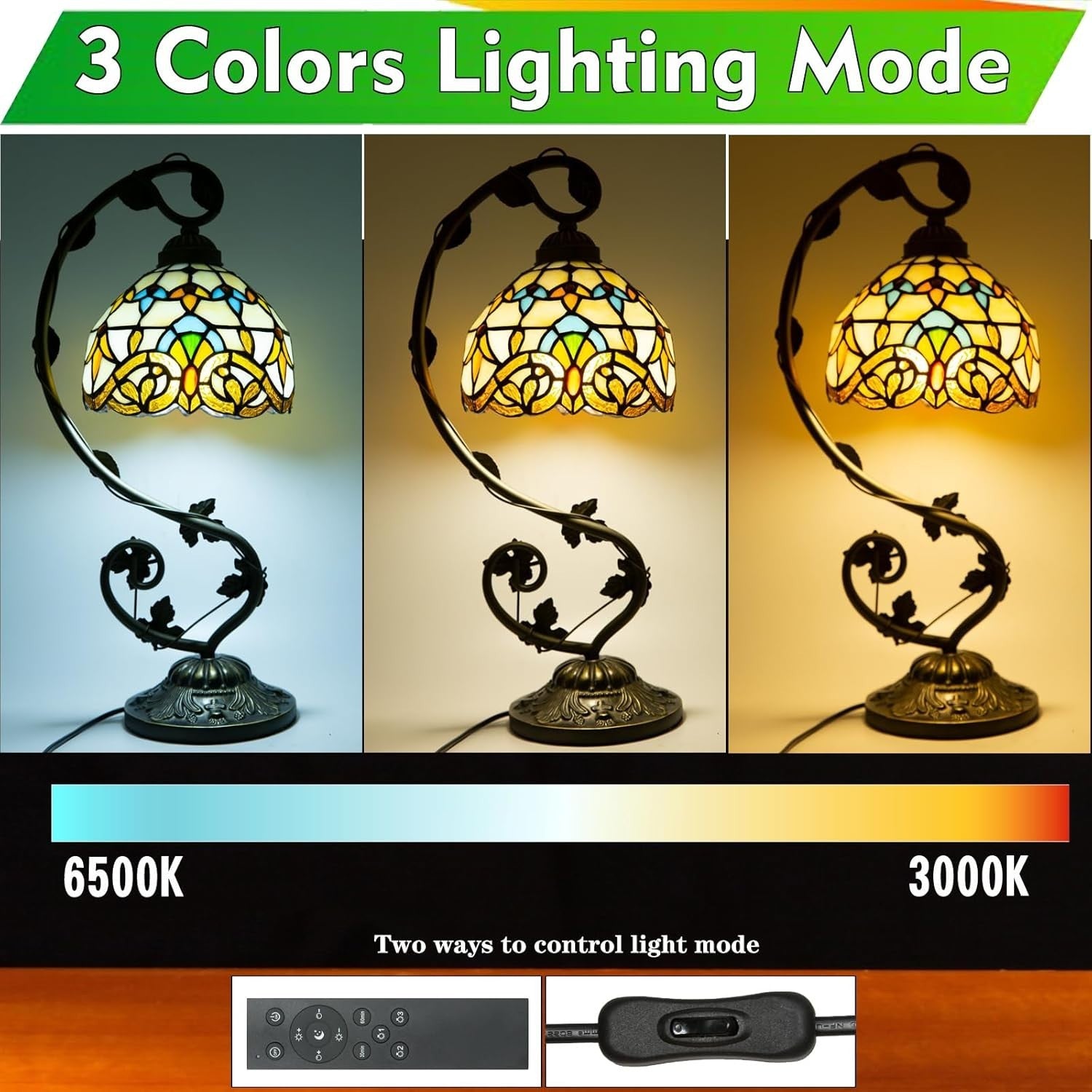 Stained Glass Table Lamp Remote Control Dimmable LED 3-Colour Light