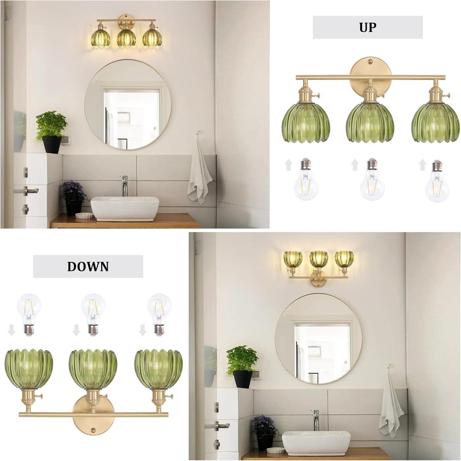 3-Light Green Glass Wall Sconce Vanity Light Brass Fixture Bathroom Mirror