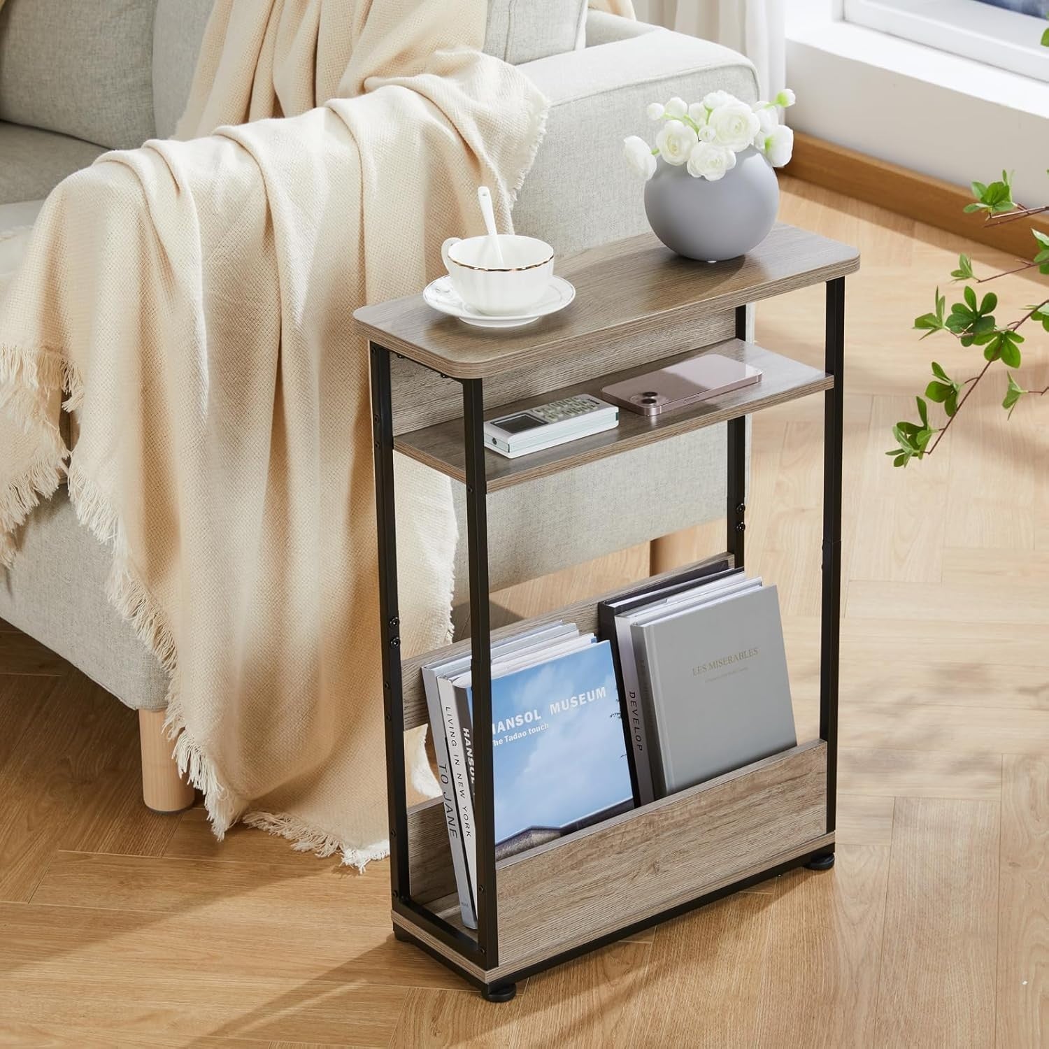 Vintage 3-Tier Narrow Side Table with Storage Shelf, Slim Nightstand for Small S