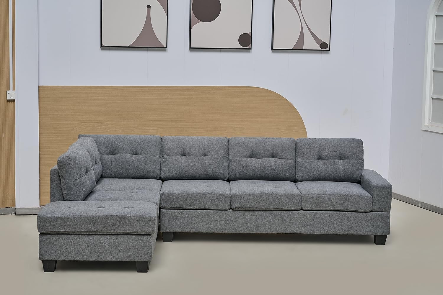 Comfortable Grey L-Shape Corner Sofa with Ottoman & Cup Holders, Modular